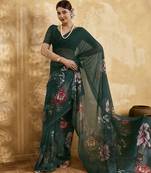 Bottle green color georgette fabric floral printed trendy girlie looks saree