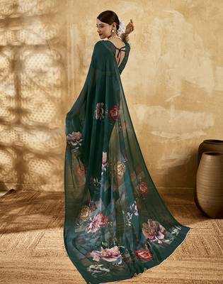 Bottle green color georgette fabric floral printed trendy girlie looks saree 2