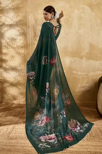 Bottle green color georgette fabric floral printed trendy girlie looks saree