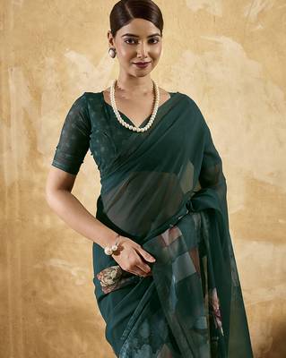 Bottle green color georgette fabric floral printed trendy girlie looks saree 3