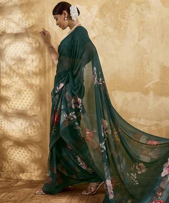 Bottle green color georgette fabric floral printed trendy girlie looks saree 4