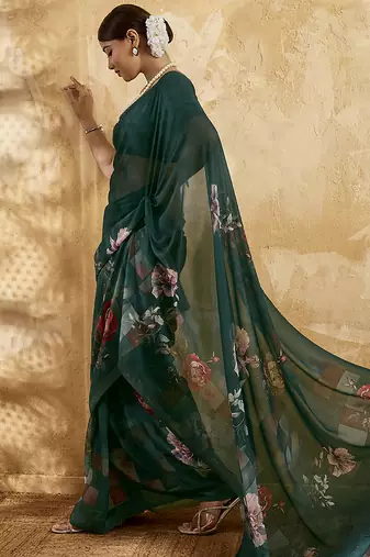 Bottle green color georgette fabric floral printed trendy girlie looks saree
