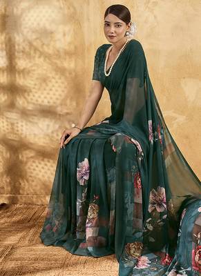 Bottle green color georgette fabric floral printed trendy girlie looks saree 5