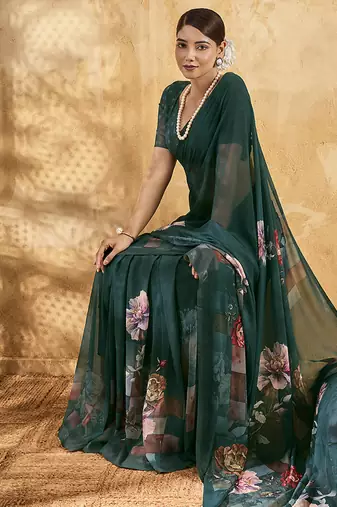 Bottle green color georgette fabric floral printed trendy girlie looks saree