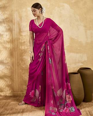 Pink color georgette fabric floral printed trendy girlie looks saree 1