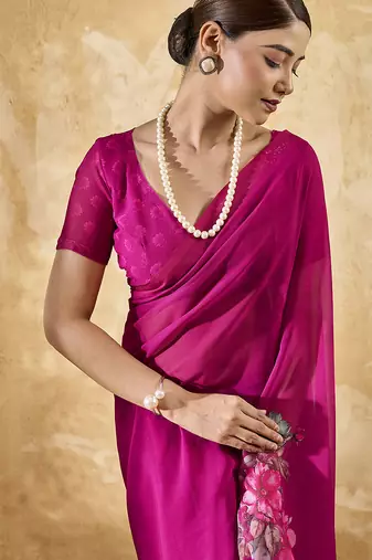 Pink color georgette fabric floral printed trendy girlie looks saree