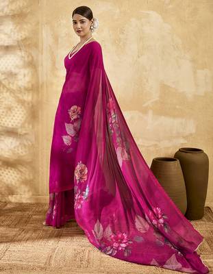 Pink color georgette fabric floral printed trendy girlie looks saree 4