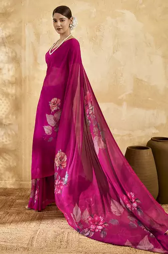 Pink color georgette fabric floral printed trendy girlie looks saree