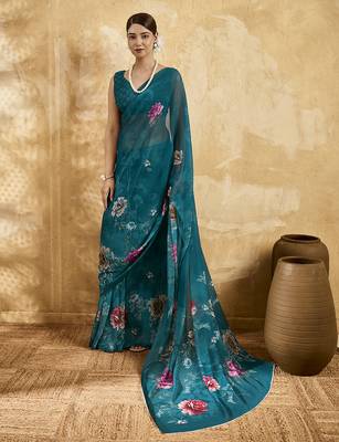 Rama color georgette fabric floral printed trendy girlie looks saree 1