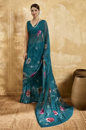 Rama color georgette fabric floral printed trendy girlie looks saree