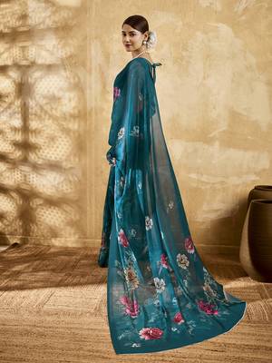 Rama color georgette fabric floral printed trendy girlie looks saree 2