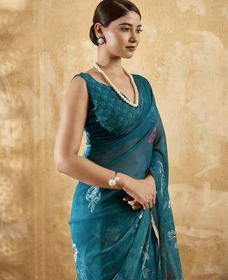 Rama color georgette fabric floral printed trendy girlie looks saree 3
