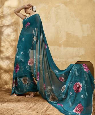 Rama color georgette fabric floral printed trendy girlie looks saree 4