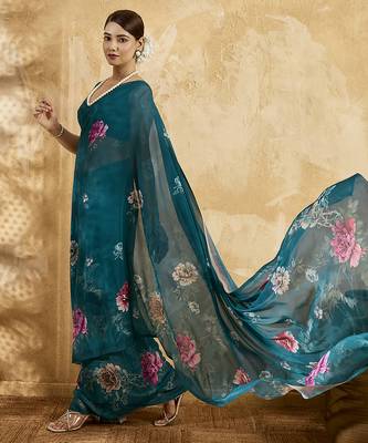 Rama color georgette fabric floral printed trendy girlie looks saree 5