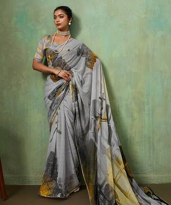 Grey color beautiful printed georgette fabric saree with sparkle work 1