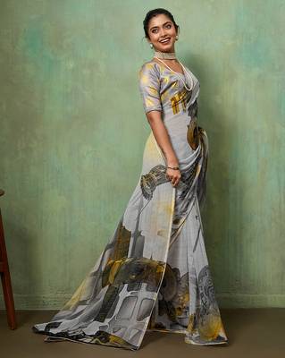 Grey color beautiful printed georgette fabric saree with sparkle work 2