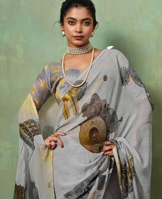 Grey color beautiful printed georgette fabric saree with sparkle work 3