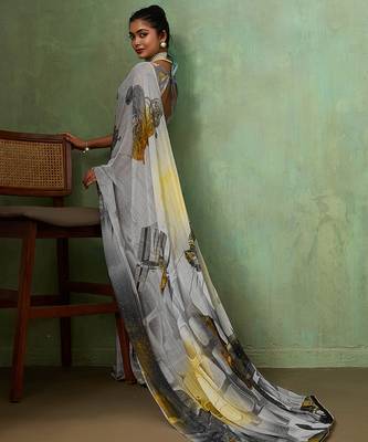 Grey color beautiful printed georgette fabric saree with sparkle work 4