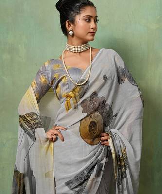 Grey color beautiful printed georgette fabric saree with sparkle work 5