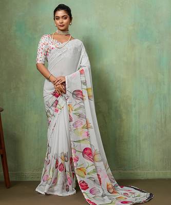 White color beautiful printed georgette fabric saree with sparkle work 1