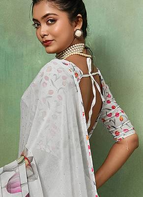 White color beautiful printed georgette fabric saree with sparkle work 2