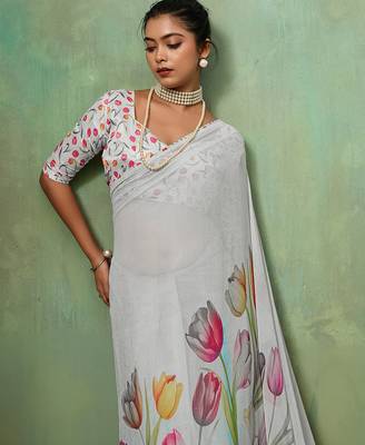 White color beautiful printed georgette fabric saree with sparkle work 3