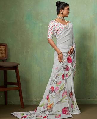 White color beautiful printed georgette fabric saree with sparkle work 4