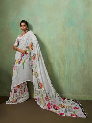 White color beautiful printed georgette fabric saree with sparkle work 5