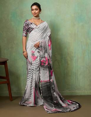 Grey color beautiful printed georgette fabric saree with sparkle work 1