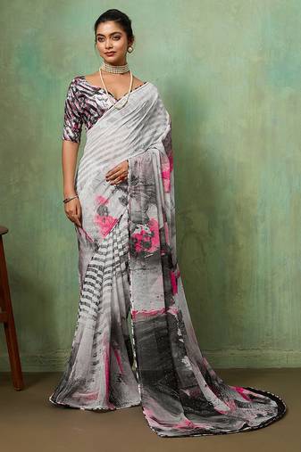 Grey color beautiful printed georgette fabric saree with sparkle work