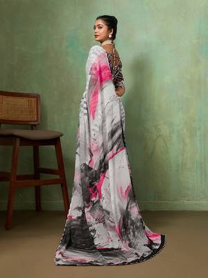 Grey color beautiful printed georgette fabric saree with sparkle work 2