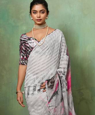Grey color beautiful printed georgette fabric saree with sparkle work 3