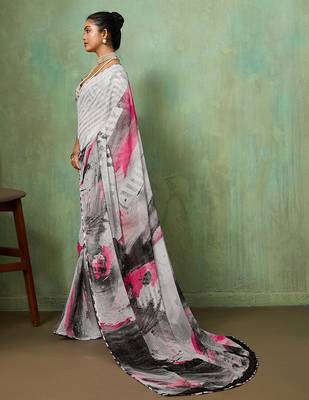 Grey color beautiful printed georgette fabric saree with sparkle work 4