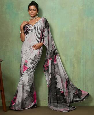 Grey color beautiful printed georgette fabric saree with sparkle work 5