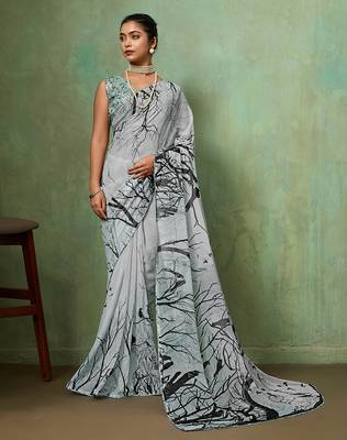 Grey color beautiful printed georgette fabric saree with sparkle work 1