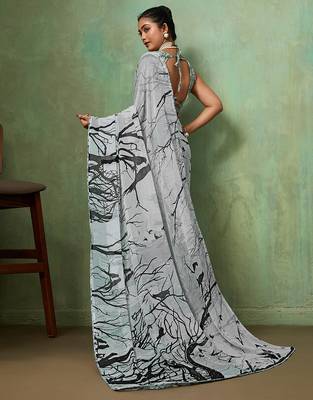 Grey color beautiful printed georgette fabric saree with sparkle work 2