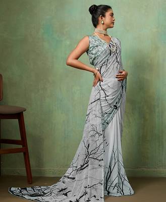 Grey color beautiful printed georgette fabric saree with sparkle work 4