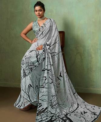 Grey color beautiful printed georgette fabric saree with sparkle work 5
