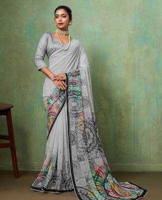 Grey color beautiful printed georgette fabric saree with sparkle work 1