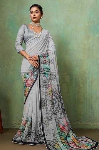 Grey color beautiful printed georgette fabric saree with sparkle work