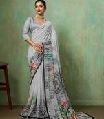 Grey color beautiful printed georgette fabric saree with sparkle work