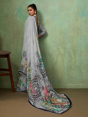 Grey color beautiful printed georgette fabric saree with sparkle work 2