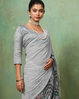 Grey color beautiful printed georgette fabric saree with sparkle work 3