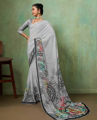 Grey color beautiful printed georgette fabric saree with sparkle work 4