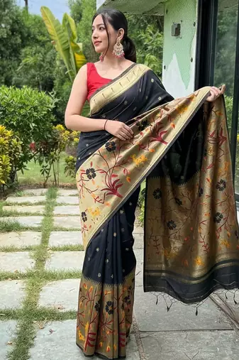 Black silk blend saree with meenakari motifs