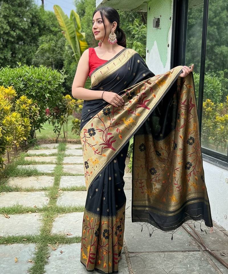 Black silk blend saree with meenakari motifs