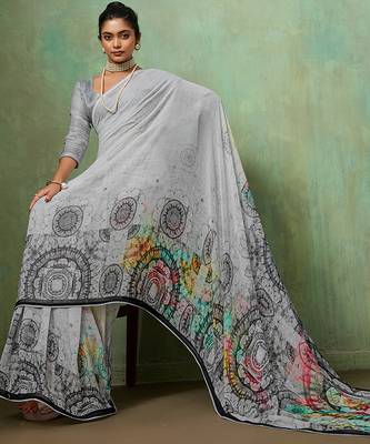 Grey color beautiful printed georgette fabric saree with sparkle work 5
