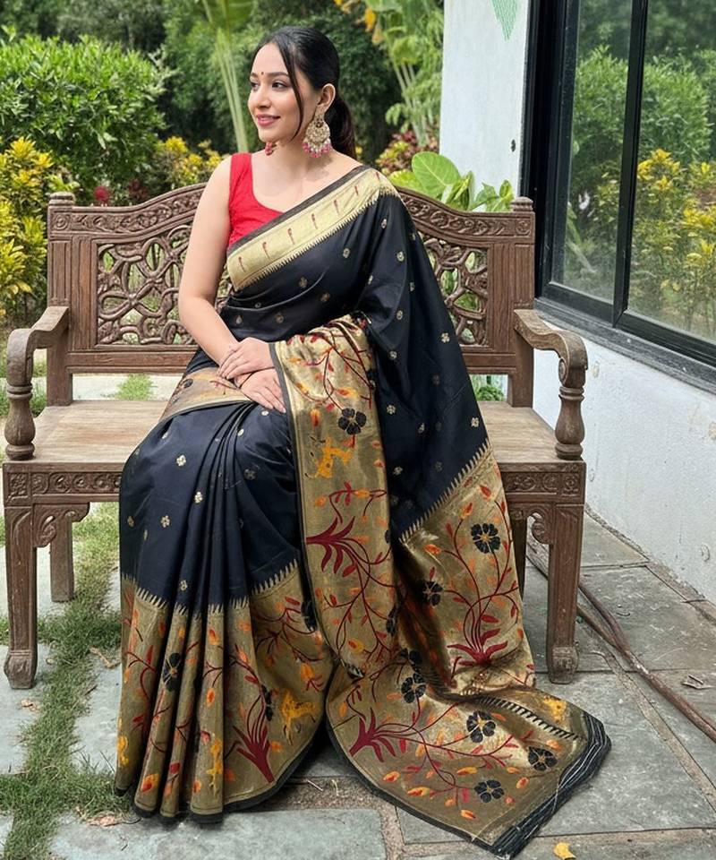 Black silk blend saree with meenakari motifs
