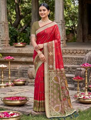 Red color soft silk fabric woven designer partywear saree 1
