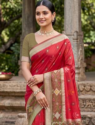 Red color soft silk fabric woven designer partywear saree 3